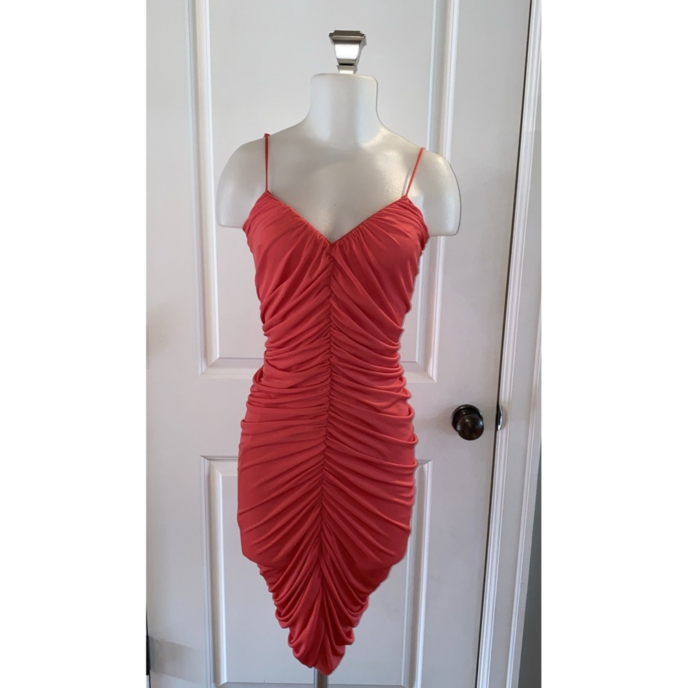 Halston Heritage‎ Ruched Front Stretch Knit Dress Size S Spaghetti Strap